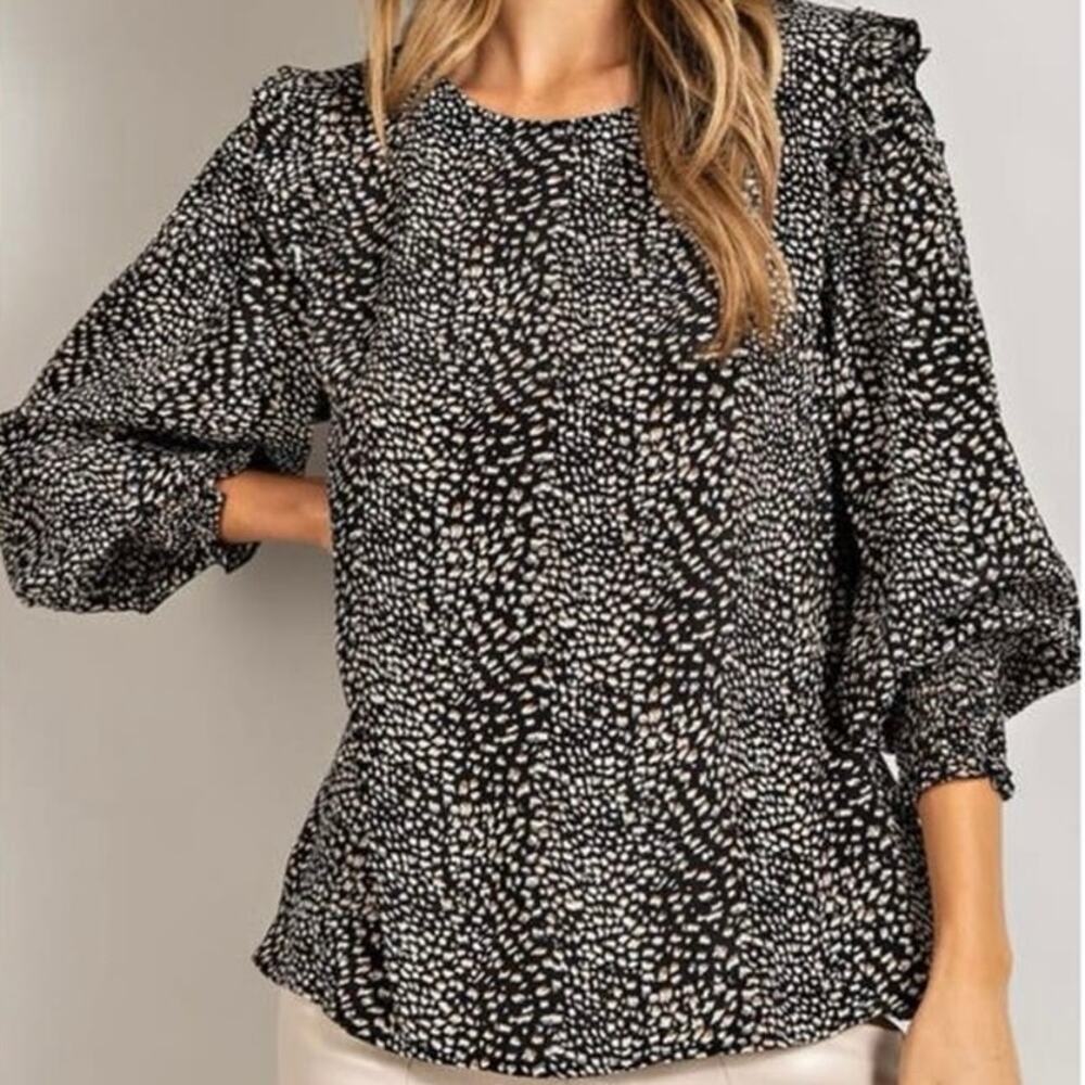 ee:some Animal Print Balloon Sleeve Top Womens S Black Brown Ruffle Shoulder